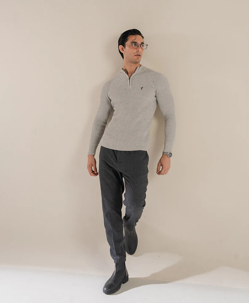 Gray Half-Zip Mock Neck Sweater